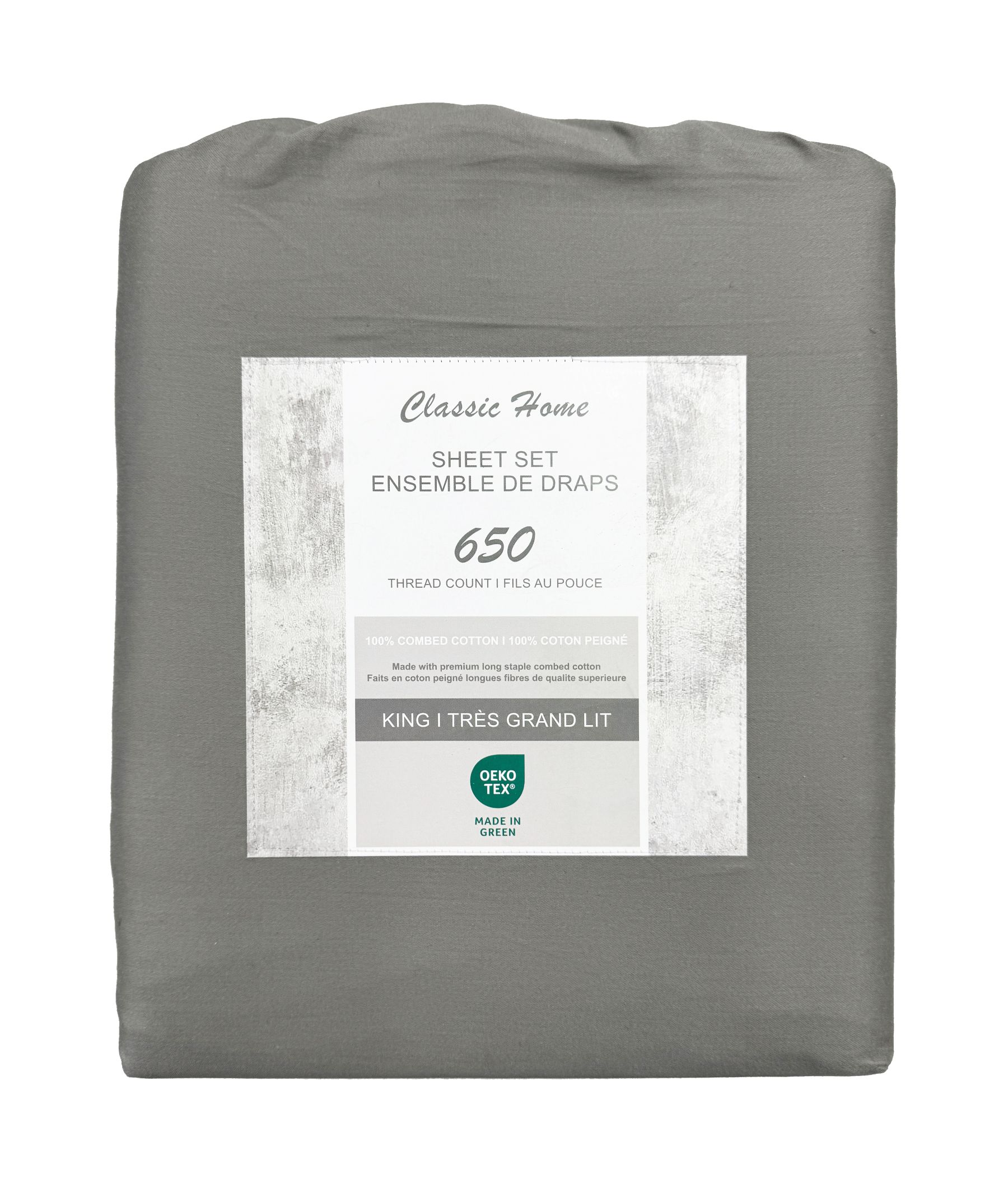 Cotton House 100% Combed Cotton King Sheet Set - 650 Thread Count Light Grey