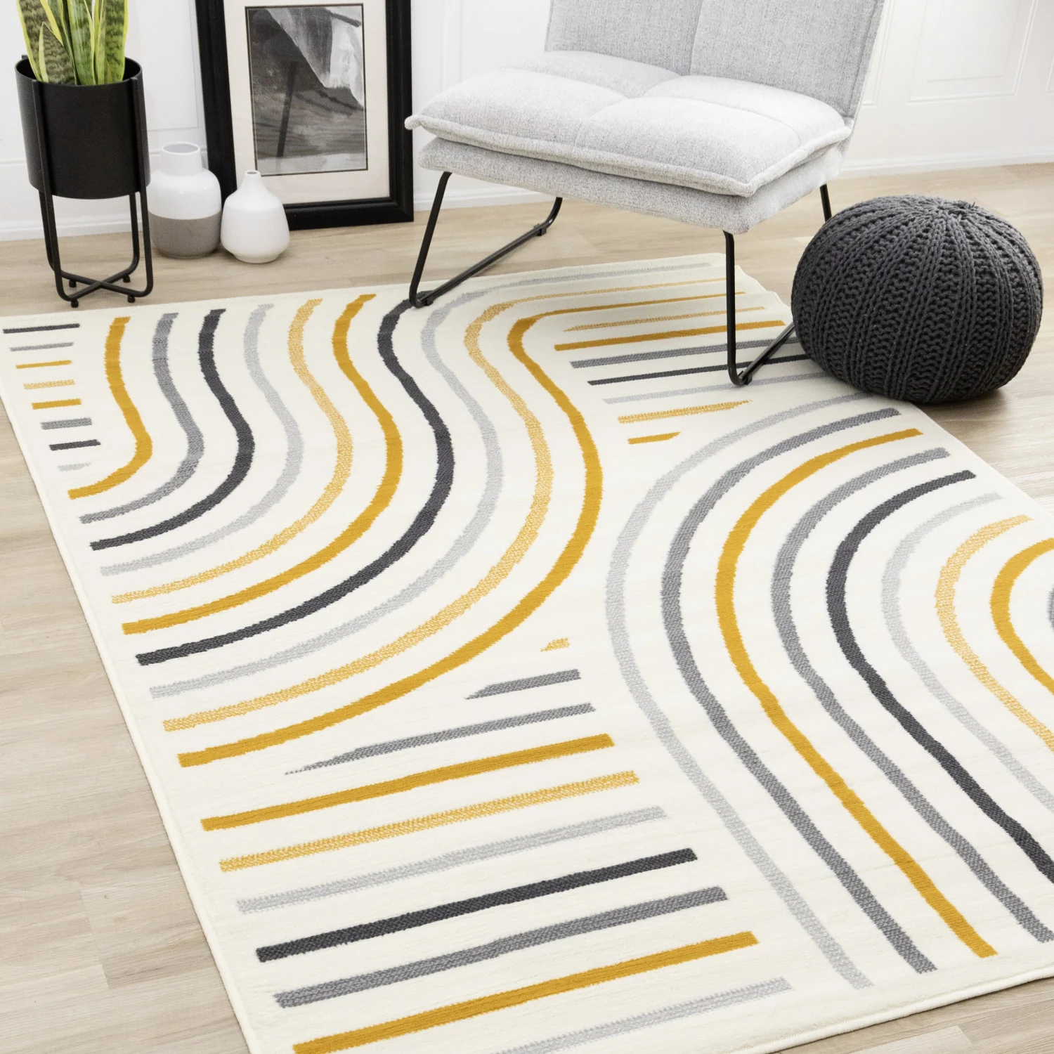 Functional Modern Curves Area Rug - 7' X 10' - Cream/Yellow - Image 2