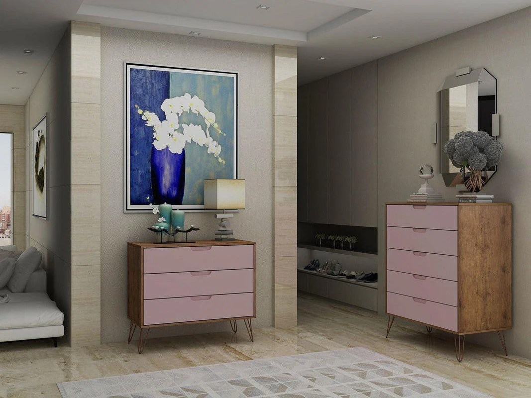 Nuuk 5-Drawer Dresser and 3-Drawer Dresser Set - Nature/Rose Pink - Image 2