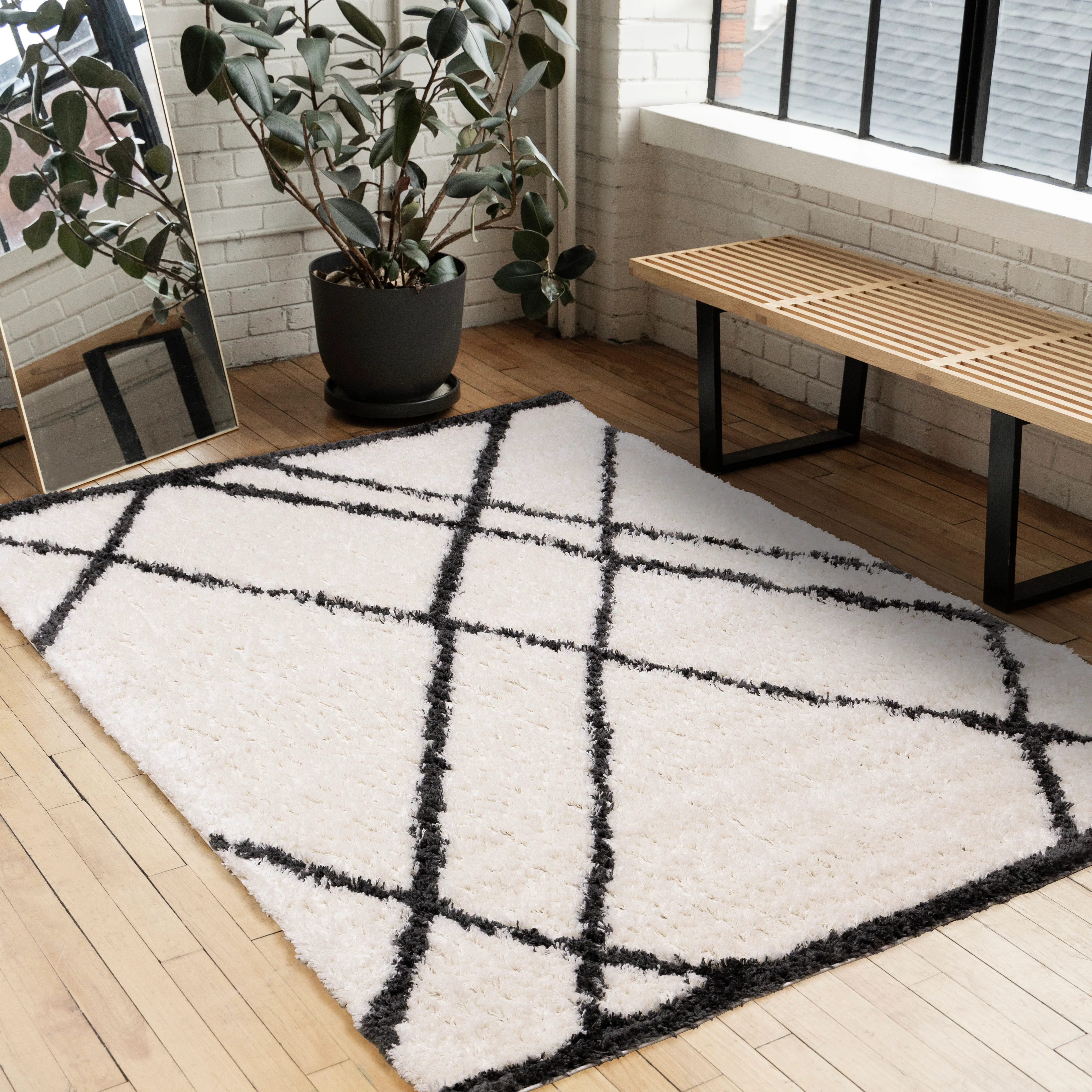 Pascal 6'7" x 9'6" Geometric Comfort Shag Area Rug - White, Grey - Image 2