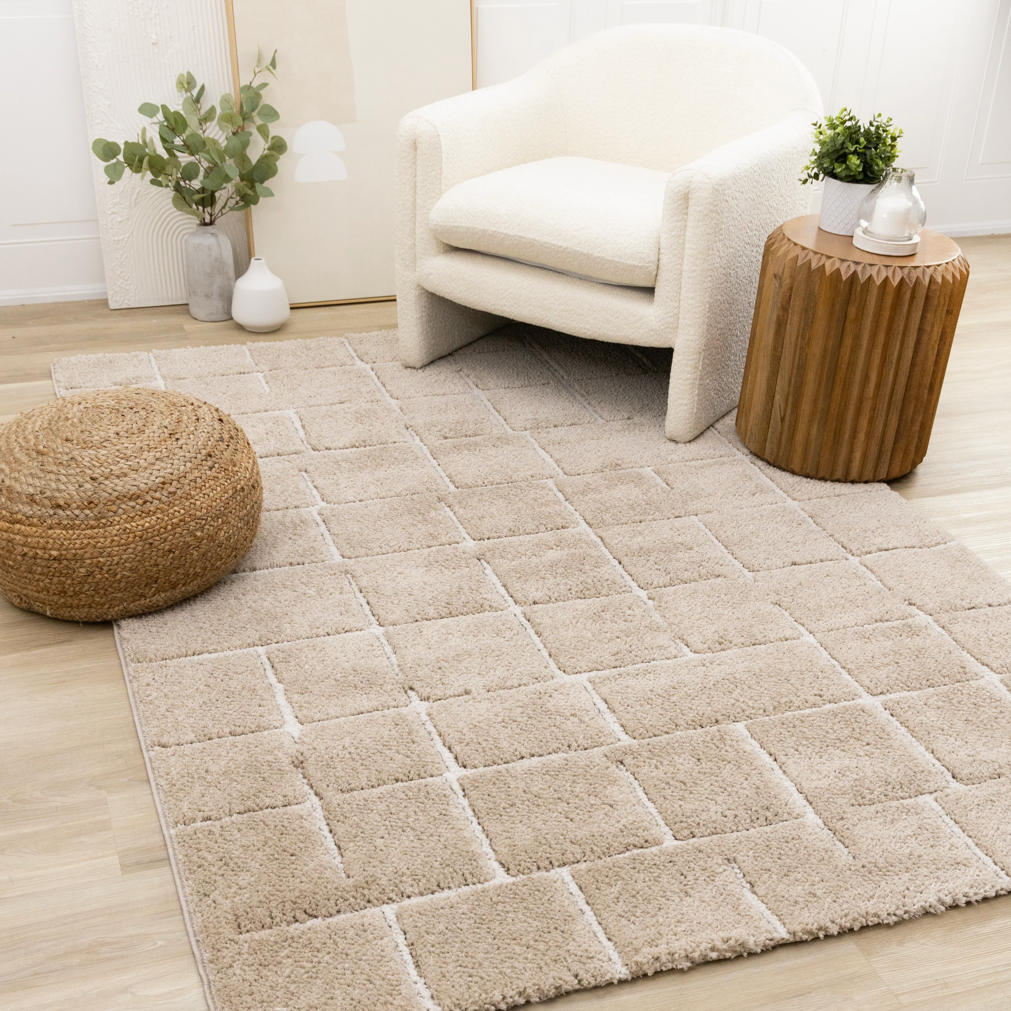 Sable Grid 5'3" x 7'7" Broken Grid Pattern Area Rug - Light Brown, Cream - Image 2
